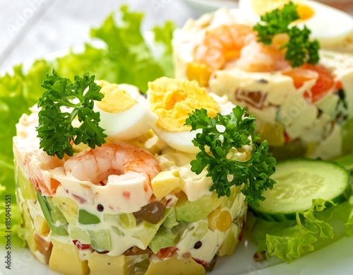 Layered salad with shrimp, egg, and vegetables served on a white plate with lettuce and parsley