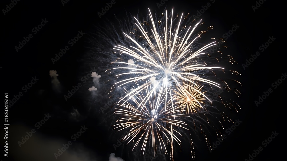 Obraz premium Vibrant fireworks exploding in night sky with bright white and gold sparks
