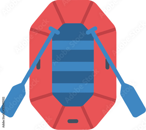 Red inflatable raft with blue oars top view icon.