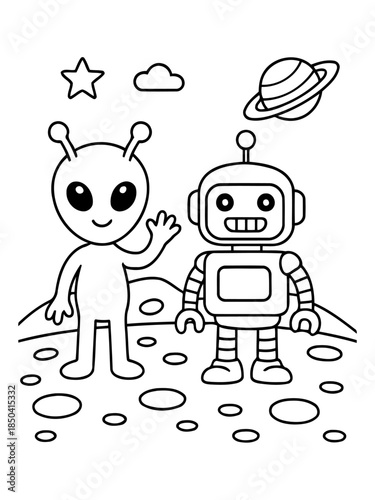 Alien and Robot Friendship in Space: A friendly alien and a cheerful robot stand together on a moon-like surface, a star and planet visible in the background.