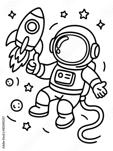 Astronaut's Space Adventure: A charming illustration depicts an astronaut floating in the cosmos, accompanied by a rocket ship and stars. This simple yet imaginative scene sparks curiosity and wonder.