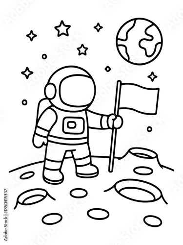 Astronaut on Lunar Surface: A simplified illustration captures a bold astronaut planting a flag on the moon's surface, framed by stars and the Earth. 