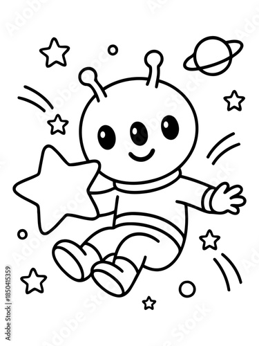 Friendly Space Explorer: A cute extraterrestrial creature soars through the cosmos, clutching a sparkling star, symbolizing wonder and exploration.