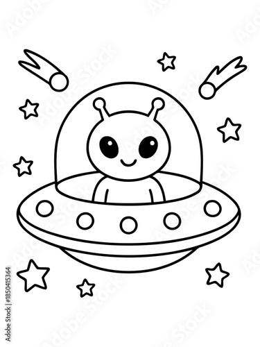 Cosmic Visitor: An adorable extraterrestrial in a flying saucer, surrounded by stars and comets. Evoking a sense of wonder and cosmic adventure.