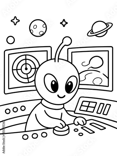 Alien at the Console: An extraterrestrial character, depicted in a playful illustration, intently focused at a control console, navigating the cosmos with a curious, friendly gaze.