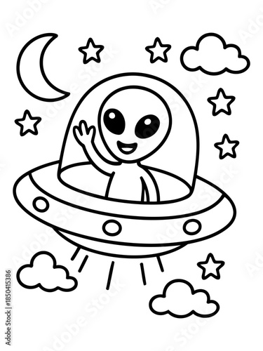 Extraterrestrial's Cosmic Journey: A cheerful extraterrestrial aboard a futuristic spaceship explores the vast expanse of space, accompanied by celestial bodies and fluffy clouds.