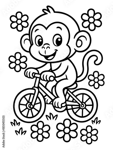 Monkey on Bicycle with flowers: A cute monkey is happily riding a bicycle with flowers around in drawing style.