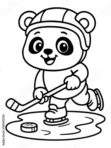Panda Hockey Star: A cheerful panda mascot, geared up in a helmet and skates, skillfully maneuvers a hockey stick and puck, embodying sportsmanship and fun on the ice.
