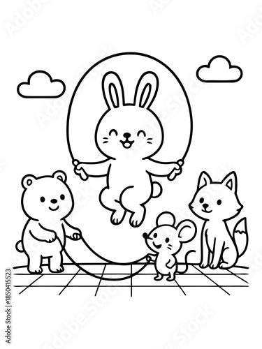 Friends' Jump Rope Game: A lively scene unfolds as a cheerful rabbit leaps in joy while jumping rope, with companions, a bear, mouse, and fox taking their turns. A fun game showing friendship