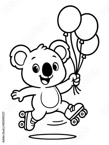 Koala on Rollerskates with Balloons: A charming koala bounces with delight on roller skates, clutching a bunch of cheerful balloons, all in a delightful monochrome scene.