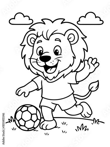 Playful Lion with a Football: A cheerful lion character, kicking a soccer ball on a grassy field, under fluffy clouds. This scene embodies sportsmanship and animal amusement.