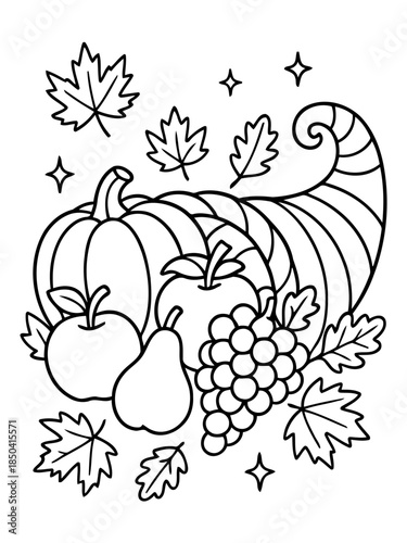 Harvest Bounty Illustration: An illustrated cornucopia overflows with autumn's blessings: pumpkins, apples, pears, and grapes, surrounded by falling leaves and twinkling stars.