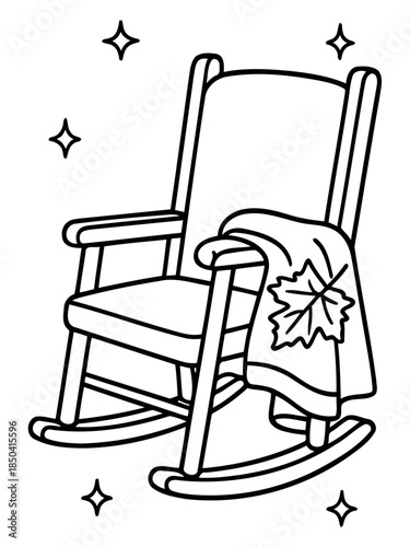 Serene Rocking Chair: A cozy rocking chair, adorned with a leaf-patterned blanket, sits in a tranquil setting, evoking a sense of peaceful relaxation. 