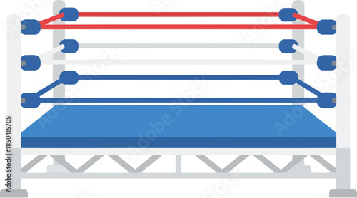 Side view of an empty professional wrestling ring with colorful ropes.