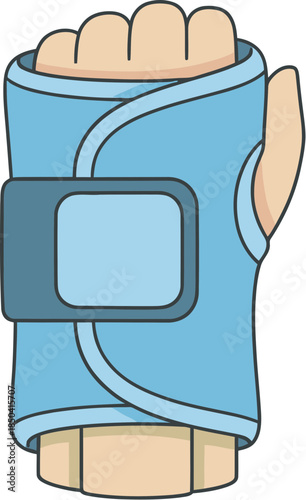Cartoon illustration of a hand wearing a blue medical wrist brace.