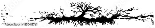 Grunge black silhouette of dead tree with roots and splatter