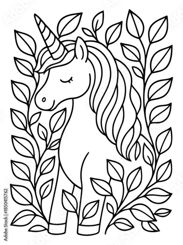 Enchanted Unicorn: An artistic illustration of a graceful unicorn, encircled by lush foliage and exuding a sense of magic and wonder.