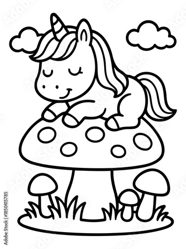 Unicorn on mushroom illustration: A whimsical illustration of a charming unicorn, resting peacefully atop a giant mushroom. The serene scene evokes a sense of fantasy and magic.