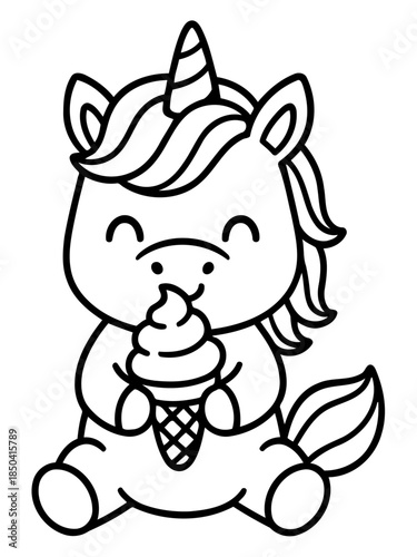 Unicorn Delight: A whimsical unicorn joyfully savors a delectable ice cream cone, its horn proudly poised, radiating pure bliss. 