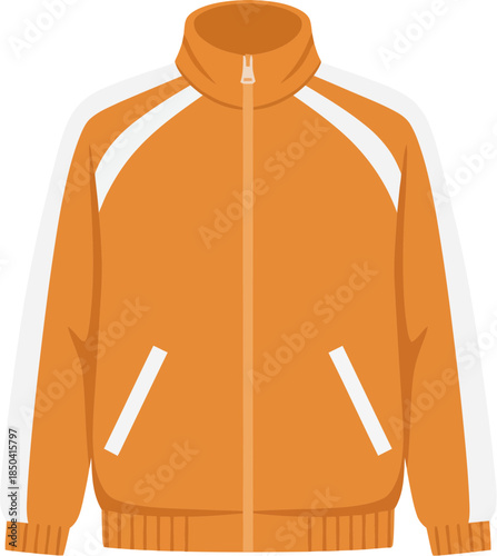 Orange athletic zip-up tracksuit jacket with white stripes vector illustration.