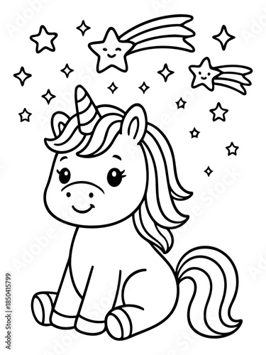 Unicorn with Stars: A whimsical unicorn with a spiraled horn and flowing mane, surrounded by sparkling stars, conjures a sense of wonder and delight.