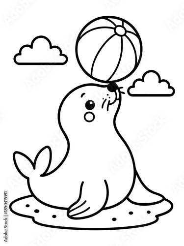 Seal and Ball: A playful illustration of a seal balanced a ball. Featuring joyful energy and innocent curiosity.
