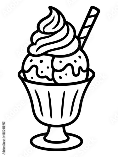 Summer Dessert Illustration: A delightful ice cream sundae illustration, meticulously outlined to highlight its refreshing appeal, perfect for menu and design needs.