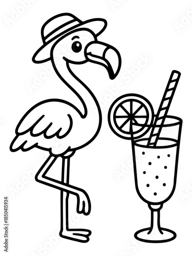 Tropical flamingo with cocktail: A cheerful flamingo, complete with a stylish hat and a cocktail, exudes a sense of leisurely relaxation. Perfect for evoking summer vibes and vacation memories.