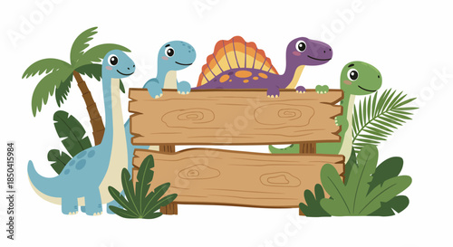Cartoon dinosaurs gather around a wooden sign in a lush, tropical environment, rendered in a whimsical vector style suitable for children's illustrations.