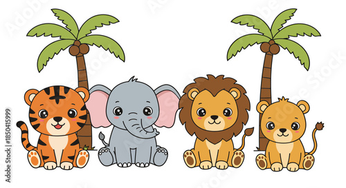 A charming vector illustration features a group of adorable baby safari animals, including a tiger, elephant, and lions, sitting happily under tropical palm trees.