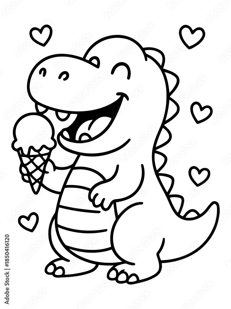 Fototapeta premium Dino's Sweet Treat: A joyful dinosaur character savors an ice cream cone amidst a flurry of hearts, painted with simplicity to highlight an adorable scene.