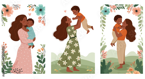 Celebrating the joy of childhood with a vibrant vector illustration showcasing happy children’s day, depicting mother and child moments surrounded by floral elements.