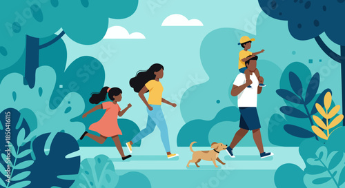 A happy African-American family enjoys a sunny day in the park, walking and playing together amidst stylized trees and foliage, celebrating happy children’s day.