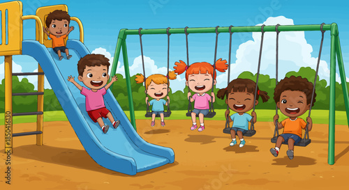 A diverse group of cheerful children joyfully plays on a vibrant outdoor playground, enjoying swings and a slide under a bright sky, celebrating childhood.