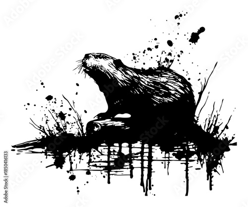Black beaver silhouette standing on log with grunge ink splatters