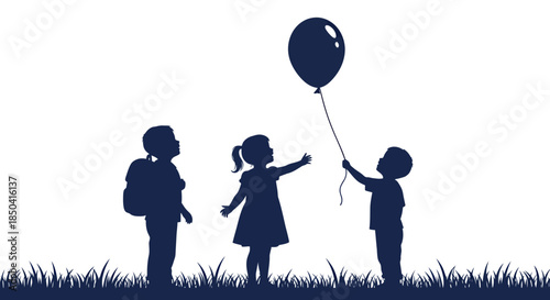 Silhouette vector illustration of three children playing with a balloon on a grassy field, celebrating happy children’s day with joy and carefree spirit.
