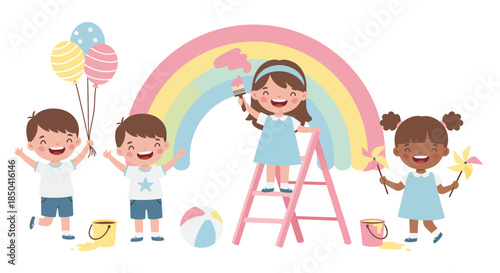Colorful vector illustration depicting celebrating children’s day with happy kids painting a rainbow, holding balloons and pinwheels, showcasing childhood joy and festive spirit.