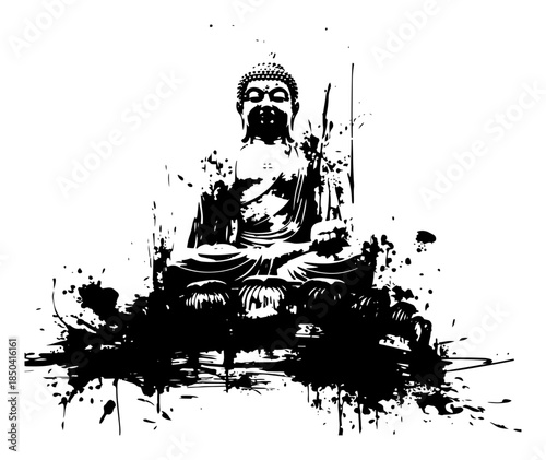 Meditating Buddha statue silhouette with grunge ink splatters