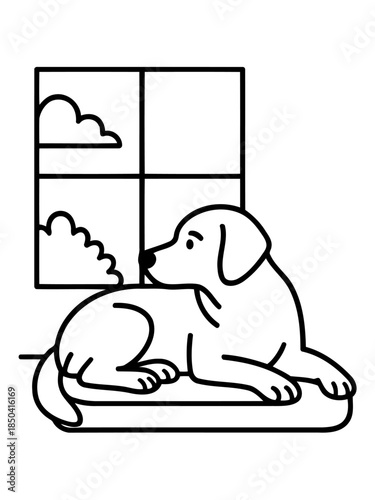 Dog Contemplating: A monochrome illustration of a dog, poised in contemplative rest by a window, where soft clouds drift. 