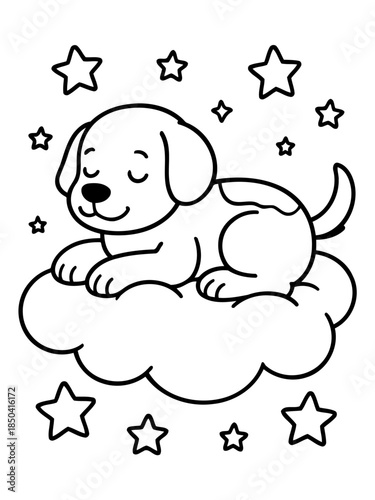 Dreamy Puppy Among the Stars: A charming illustration depicts a sweet puppy nestled peacefully on a fluffy cloud, surrounded by twinkling stars, creating a scene of serenity and comfort.