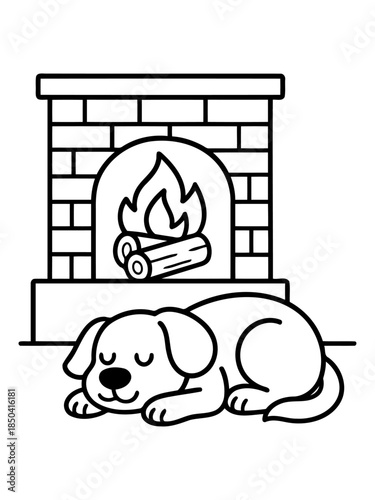 Cozy Comfort: A dog enjoys a warm rest in front of a fireplace, wood burning