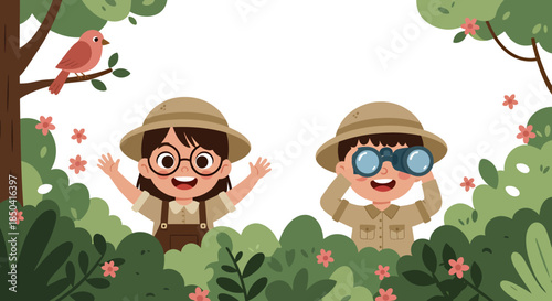 A cheerful boy with binoculars and a smiling girl in safari hats celebrate children's day, exploring a vibrant jungle environment.