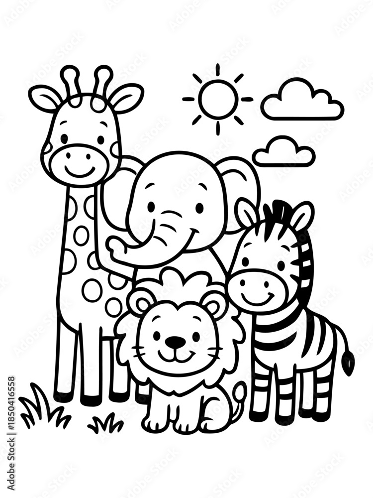 Obraz premium Friendly Zoo: An adorable illustration of a giraffe, elephant, lion, and zebra. Under the warm glow of the sun, and the friendly cloud that gives the scene an inviting and fun atmosphere.
