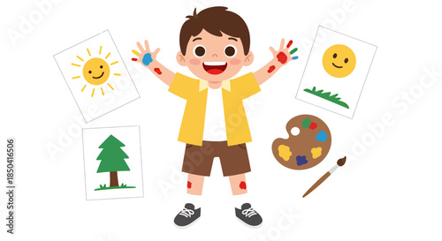 A cheerful boy with paint-covered hands stands surrounded by his drawings of a sun and tree, capturing the essence of happy children’s day in a colorful vector illustration.