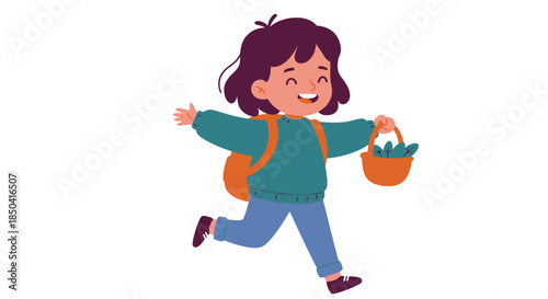 A vibrant vector illustration captures a joyful young girl with a backpack, happily running and holding a basket, embodying the spirit of Children's Day.