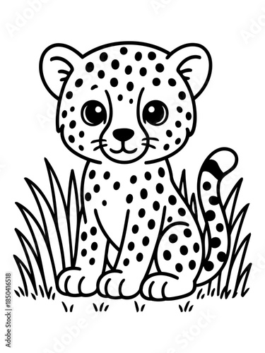 Cute Cheetah Cub Illustration: An endearing, spotted cheetah cub sits amidst tall grass, exuding innocence and charm in this line art illustration.