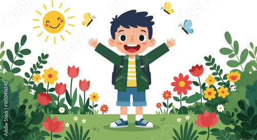A cheerful young boy with a backpack stands joyfully in a vibrant garden, surrounded by flowers, butterflies, and a smiling sun, celebrating a happy children's day in a vector illustration.