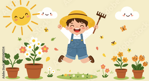A joyful illustration celebrating happy children’s day, featuring a young gardener jumping with glee amidst blooming flowers, under a cheerful sun and fluffy clouds.