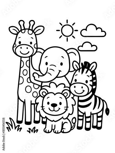Friendly Zoo: An adorable illustration of a giraffe, elephant, lion, and zebra. Under the warm glow of the sun, and the friendly cloud that gives the scene an inviting and fun atmosphere.