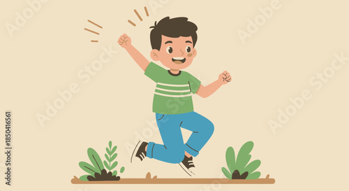 A cheerful vector illustration depicts a happy young boy enthusiastically jumping with raised arms, celebrating Children's Day against a simple background.